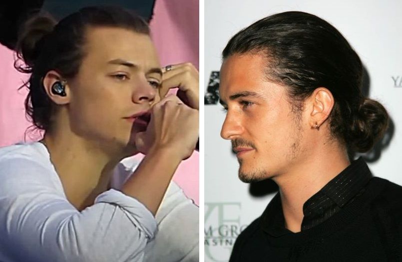 Harry Styles man bun (left) and Orlando Bloom wearing a man bun (right)