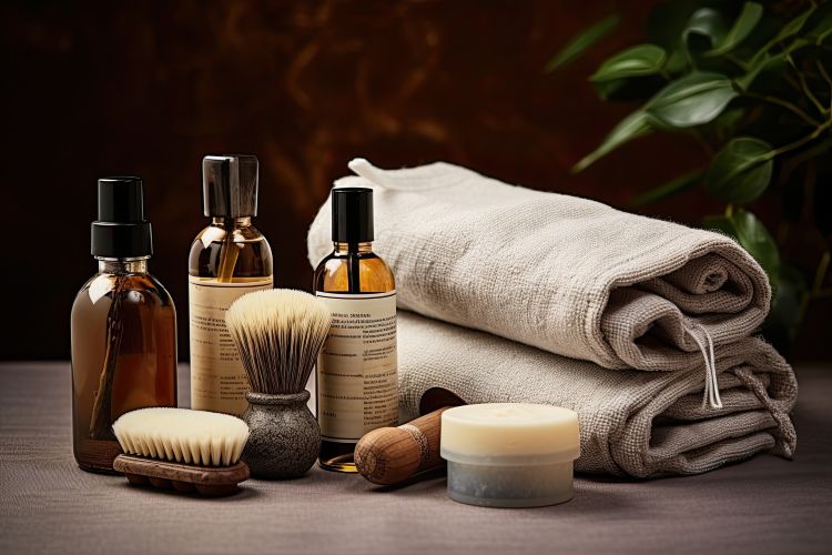 Beard shampoo, conditioner, soap, beard brushes and towels