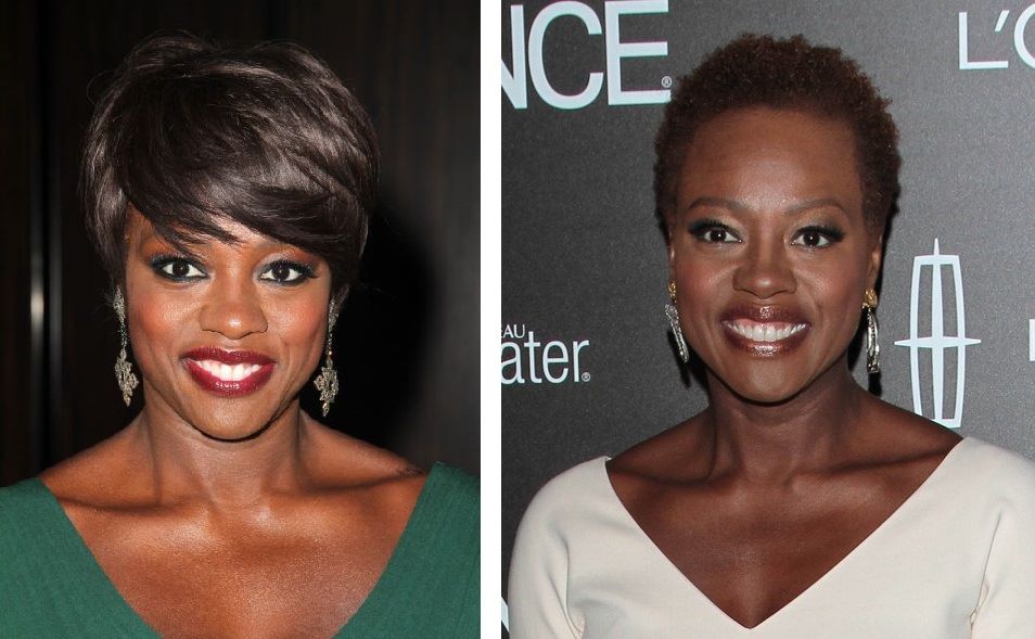 Viola Davis wearing a wig (left) and sporting natural hair (right)