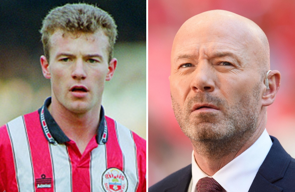 Alan Shearer in his younger days with hair (left) and bald with stubble (right)