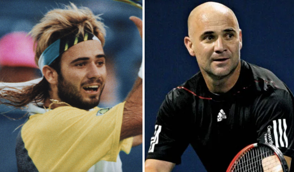 Andre Agassi with mullet (left) and bald (right)