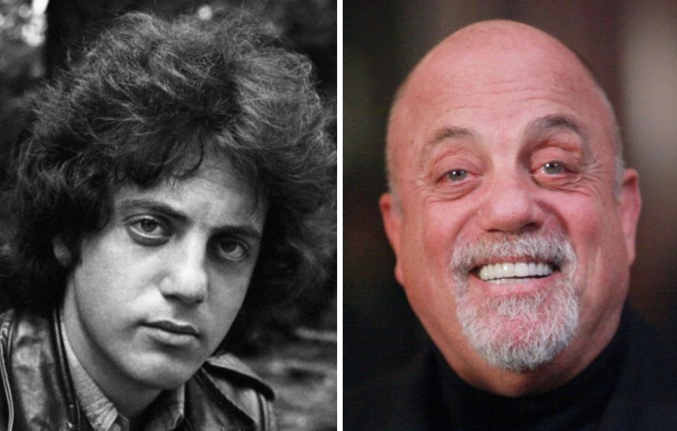 Billy Joel young with hair (left) and bald with beard (right)