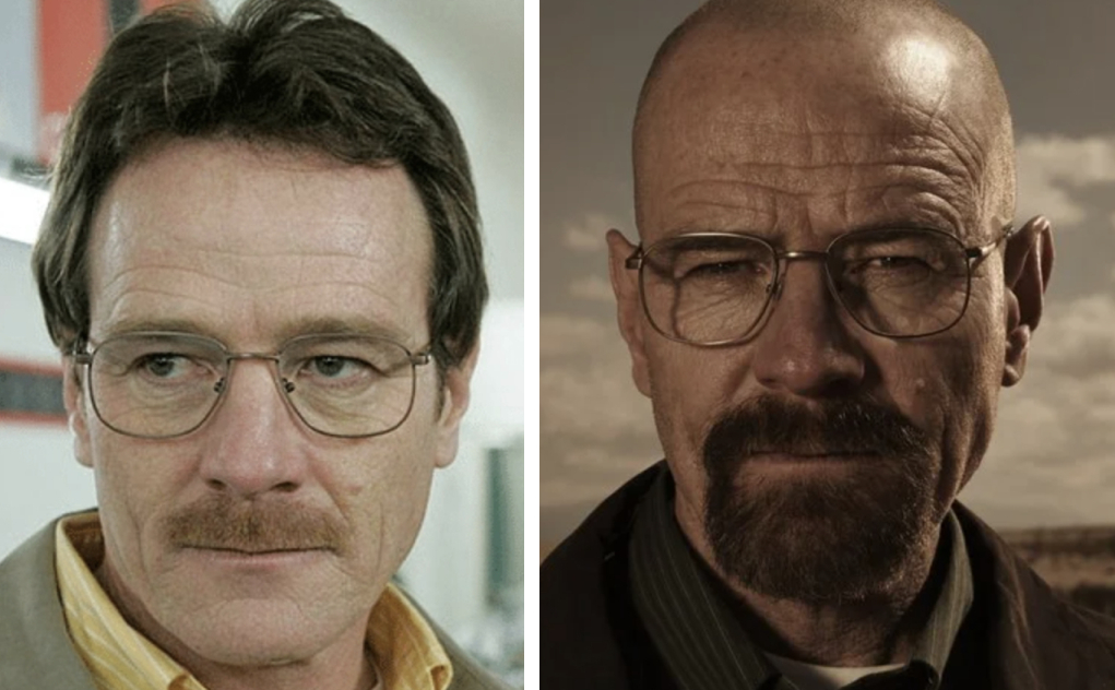 Bryan Cranston with hair and moustache (left) and bald with full beard (right)
