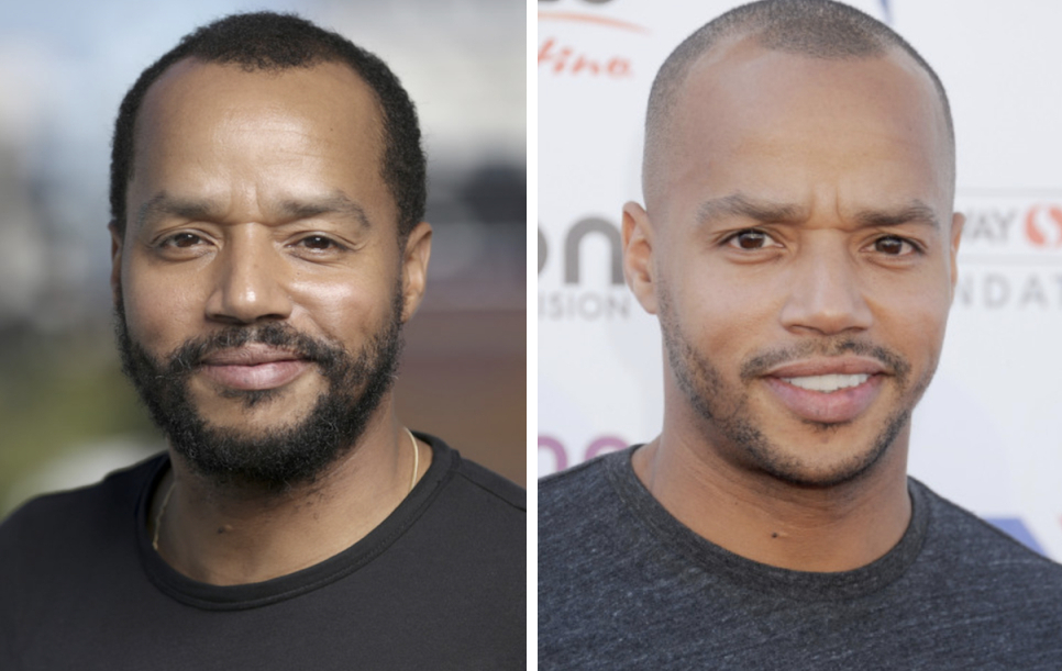 Donald Faison with hair (left) and bald with stubble (left)