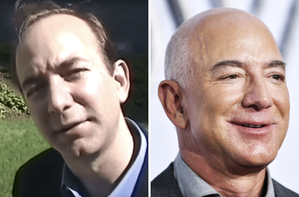 Younger Jeff Bezos with hair (left) and bald (right)