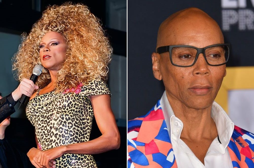 (L) RuPaul in drag, (R) RuPaul with trademark bald head