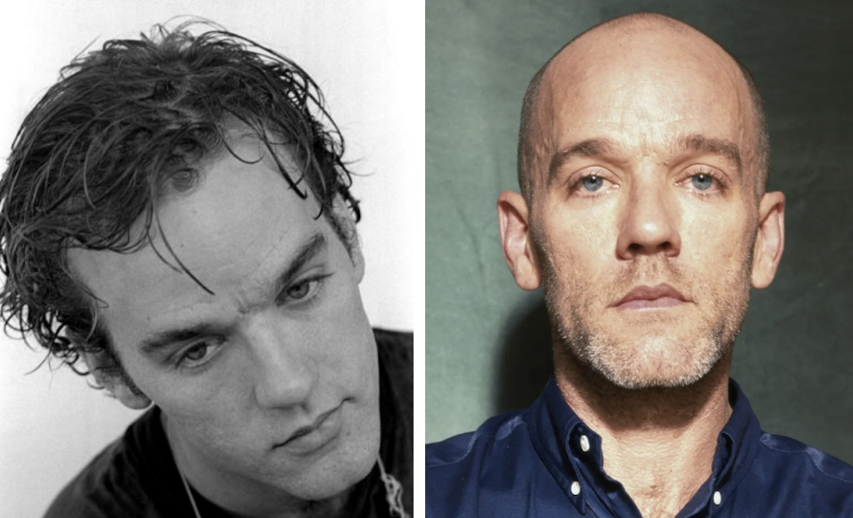 Young Michael Stipe with hair (left) and bald (right)