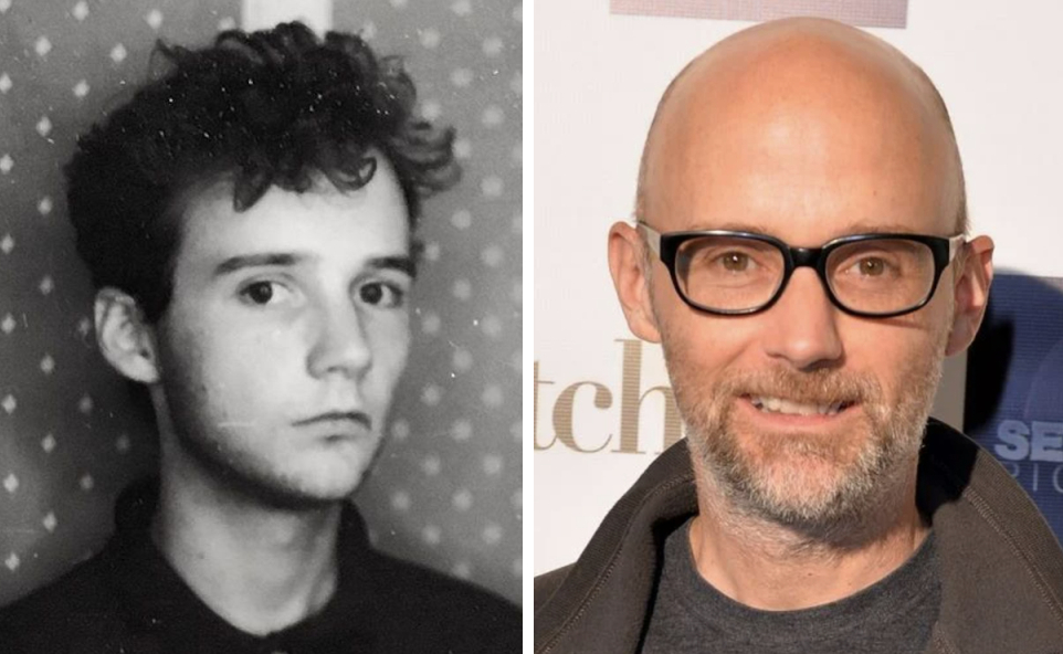 Young Moby with hair (left) and bald Moby (right)