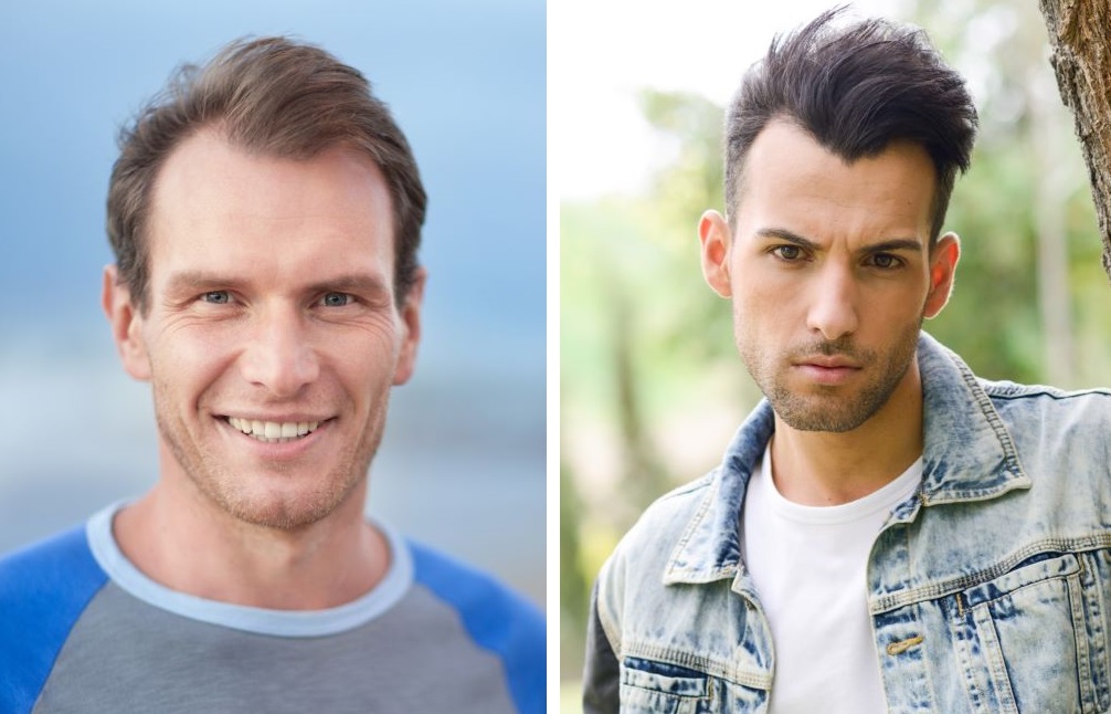 Older man with a quiff and receding hairline (left) and younger man with tall quiff and a widow’s peak (right)