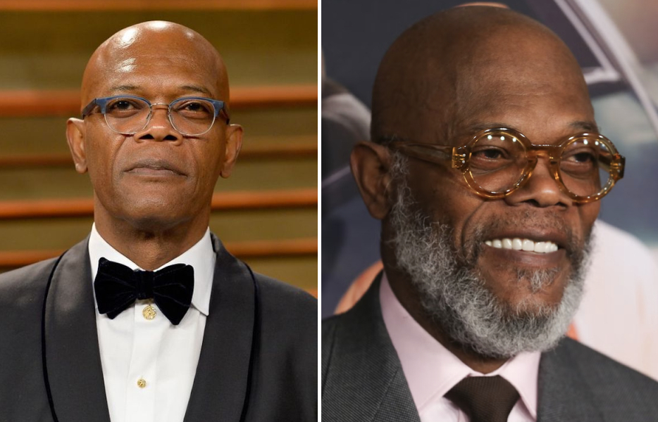 Samuel L. Jackson clean-shaven (left) and bald with beard (right)