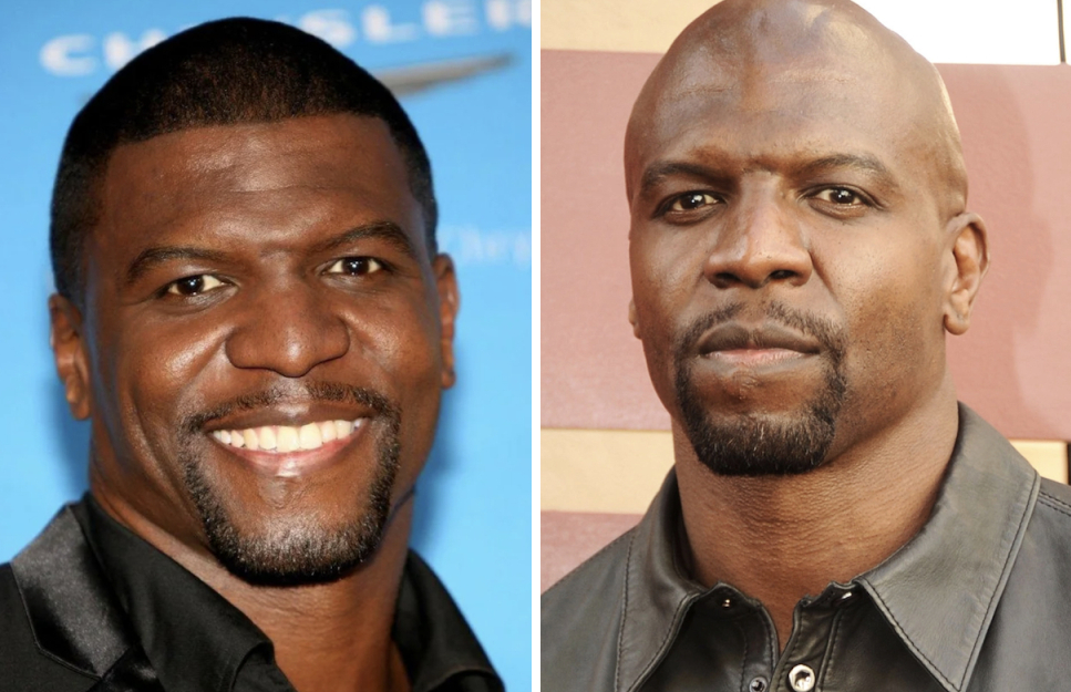 terry crews with short hair (left) and shaved head with goatee (right)