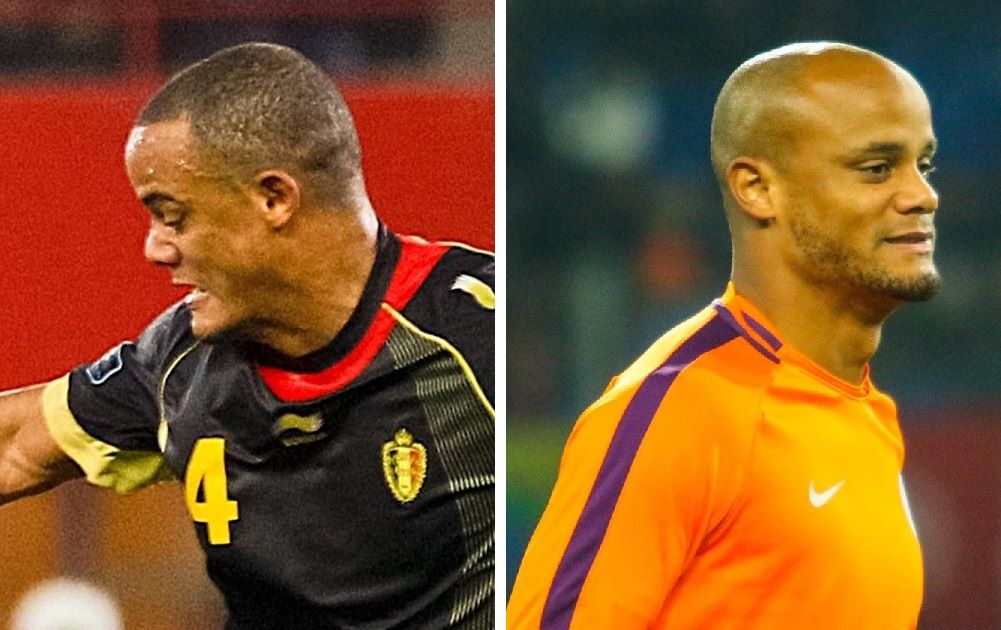 Vincent Kompany with hair (left) and bald (right)