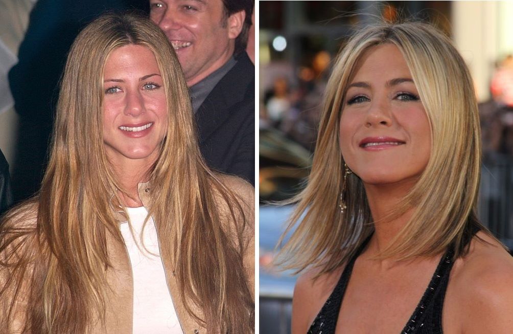 Jennifer Aniston's hair with hair extensions (left) and without (right)