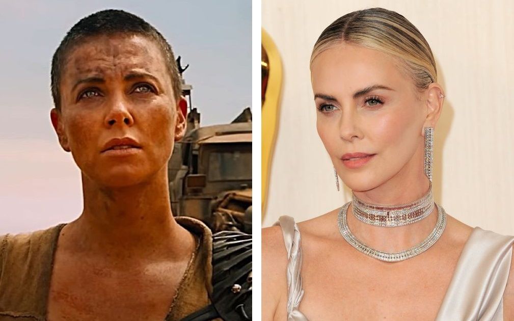 Charlize Theron bald (left) and with hair (right)