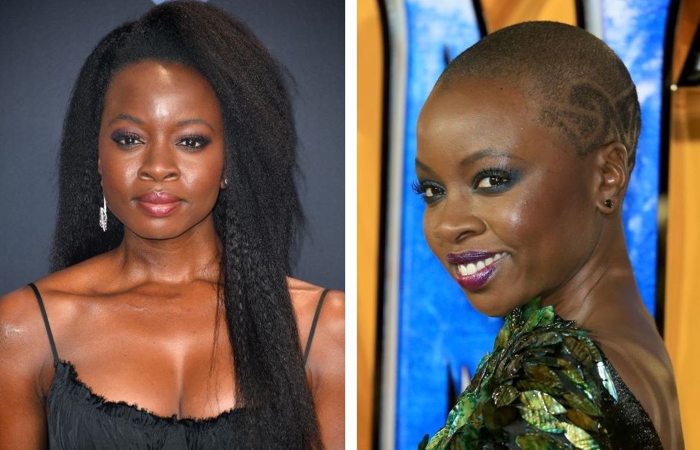 Danai Gurira with hair (left) and bald (right)