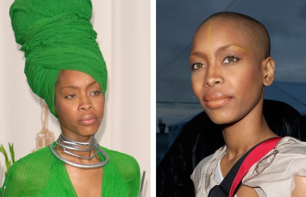 Erykah Badu with hair wrapped up (left) and bald (right)