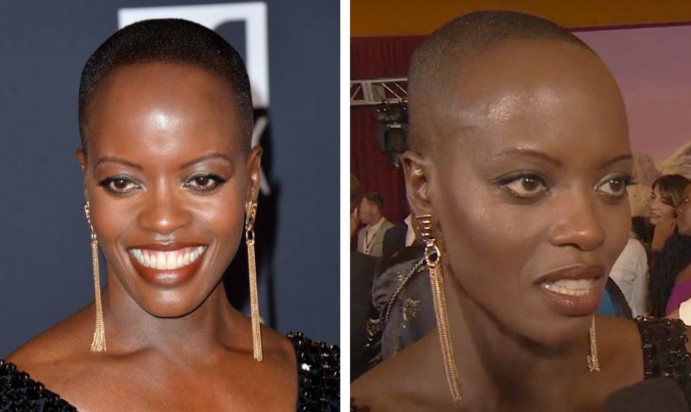 Florence Kasumba with a shaved head (left) and bald (right)