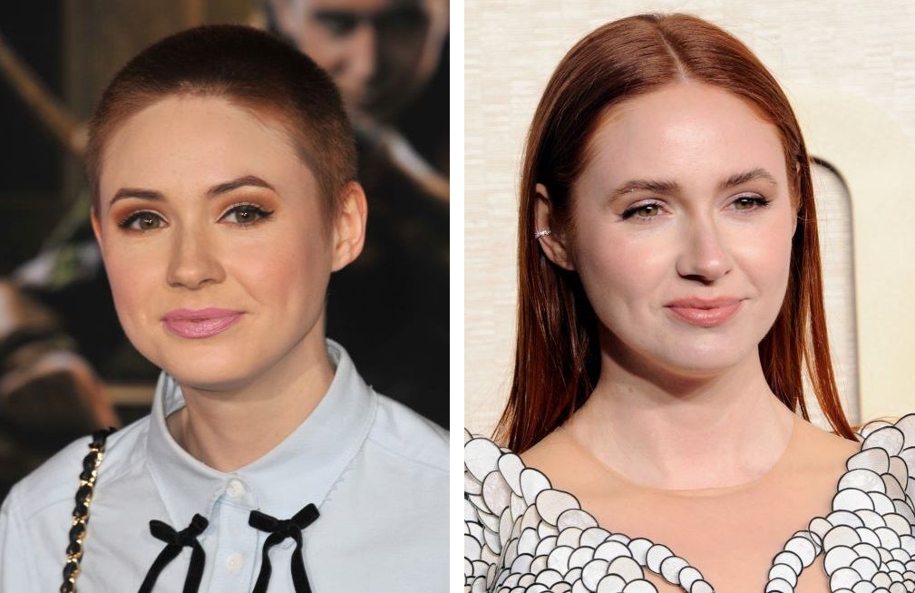 Karen Gillan with a buzzed head (left) and full head of hair (right)