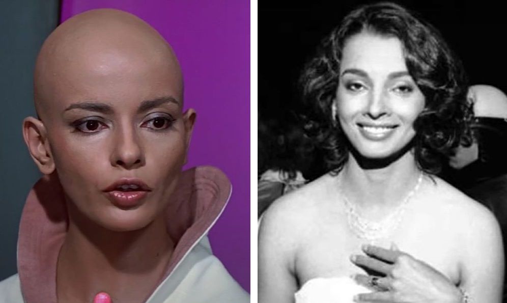 Persis Khambatta bald (left) and with hair (right)