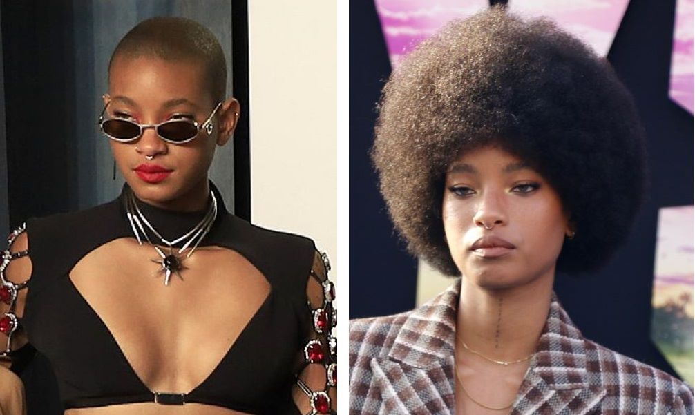 Willow Smith bald (left) and with a full afro (right)