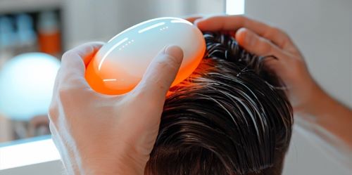 Man massaging scalp with red light device