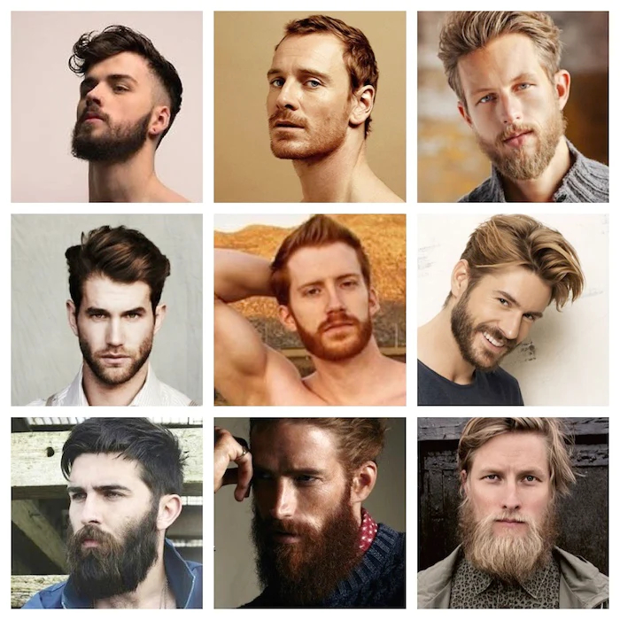 9 small portraits of men with different beard styles and lengths