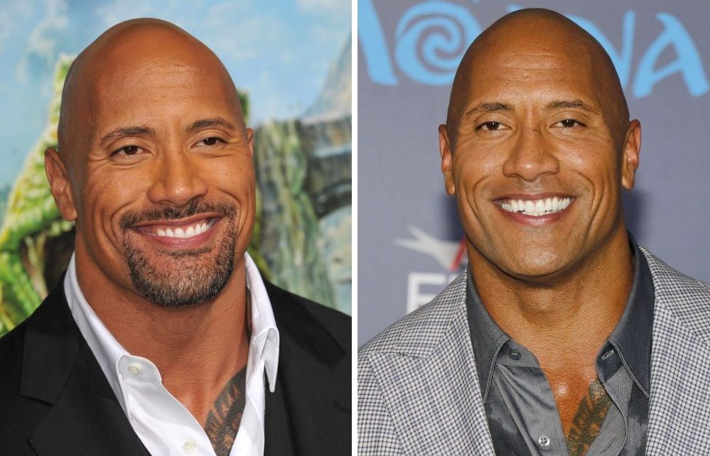 (L) Dwayne Johnson bald with beard ; (R) Dwayne Johnson bald without a beard