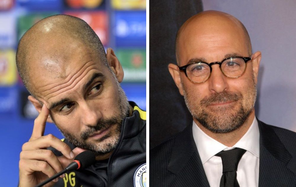 (L) Pep Guardiola showcasing the bald with beard look; (R) Stanley Tucci is bald with a beard