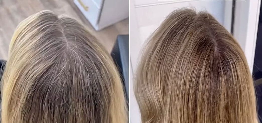 before and after using herringbone highlights to cover up grey hair