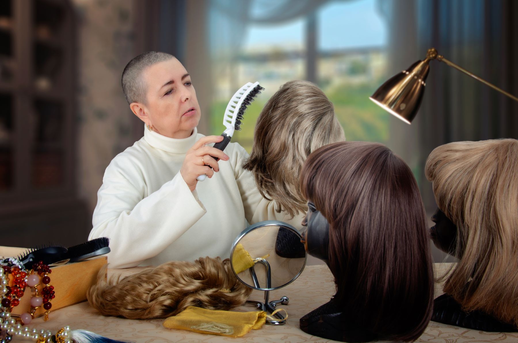 Cancer patient grooming her wig