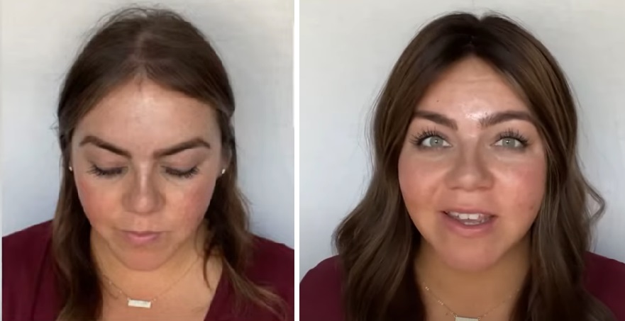 Woman before and after using a hair topper