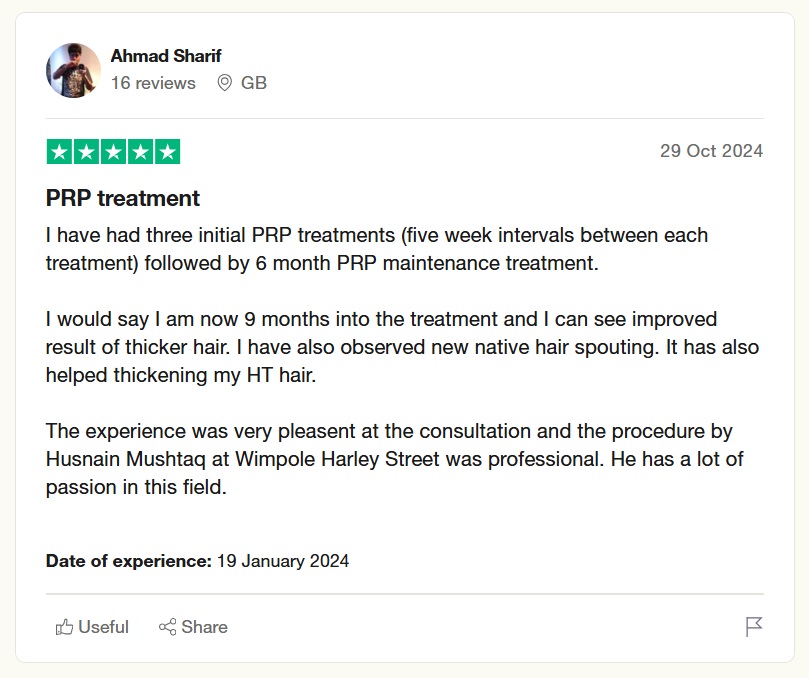 Patient testimonial of PRP treatment at the Wimpole Clinic