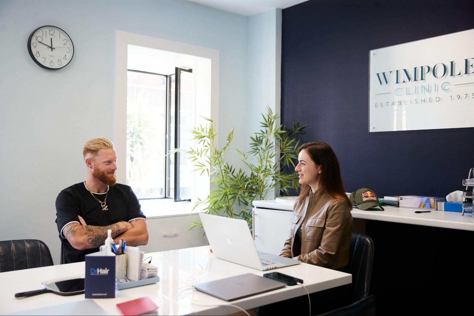 Ben Stokes visiting the Wimpole Clinic after his successful hair transplant