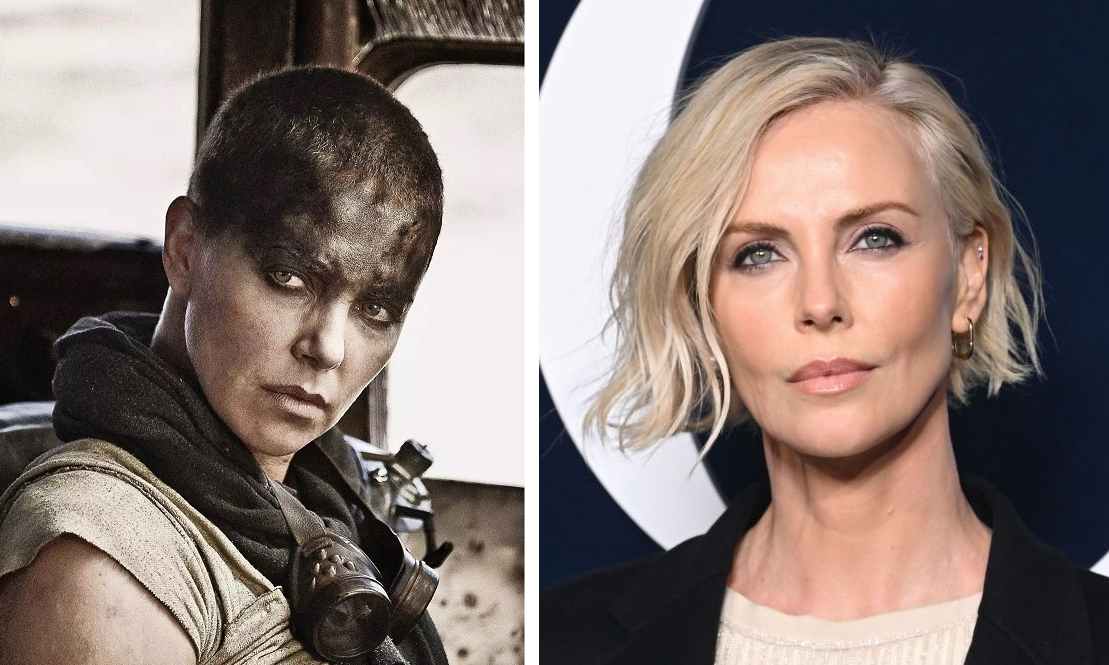 Charlize Theron bald and with hair