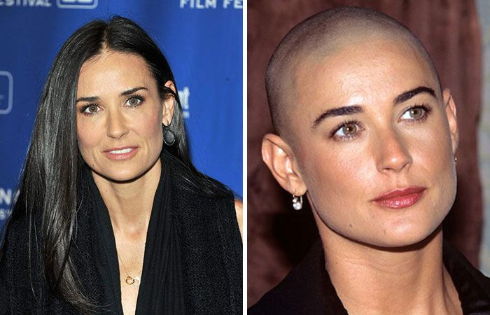 Demi Moore with hair and with shaved head