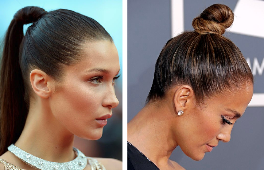 Examples of tight ponytails and buns