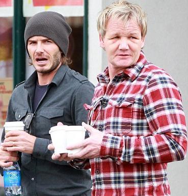 Gordon Ramsay with a swollen face walks with David Beckham