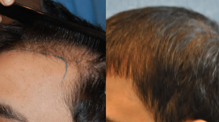 Patient before and after temple hair transplantation surgery