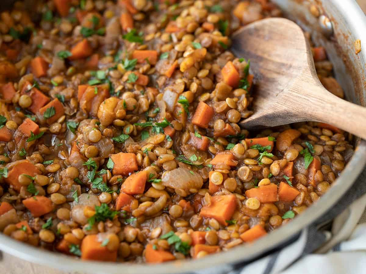 cooked lentils in a pot
