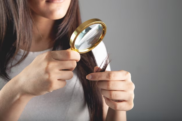 person looking at split ends under magnifying glass