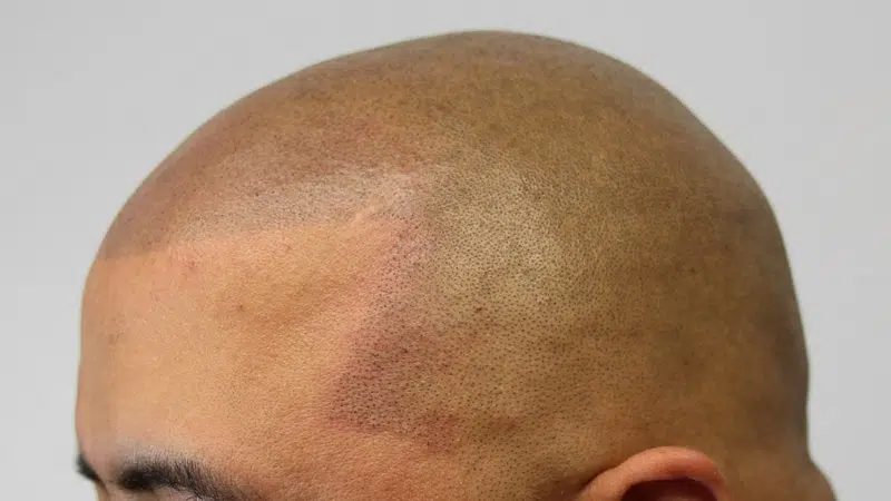 Unnatural hairline in scalp micropigmentation where hairline does not account for natural thinning hair around the temples