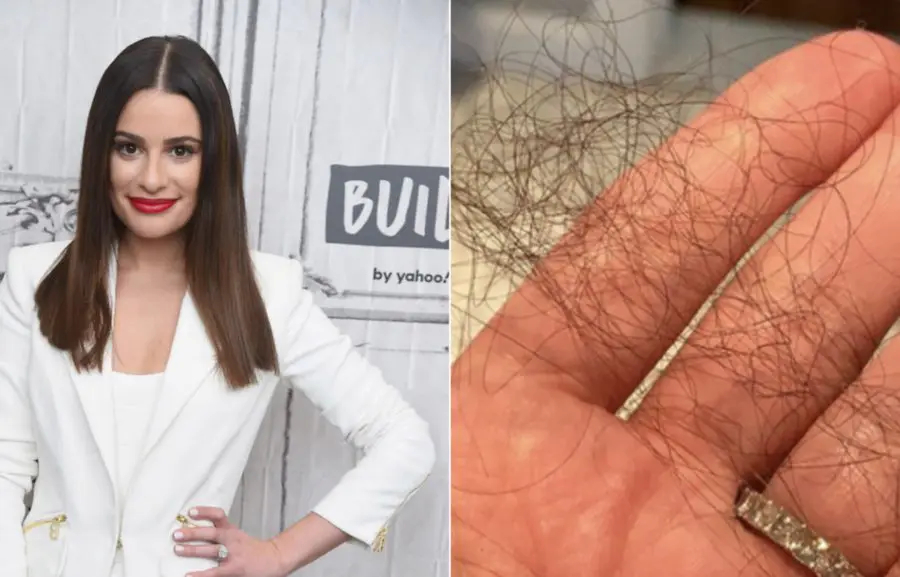 Lea Michelle posing next to a picture of hair strands